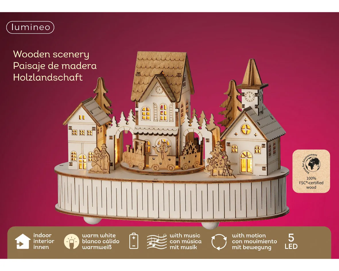 Three Kings 15cm Wooden Village with Train, Trees & Villagers - LED Lights & Music
