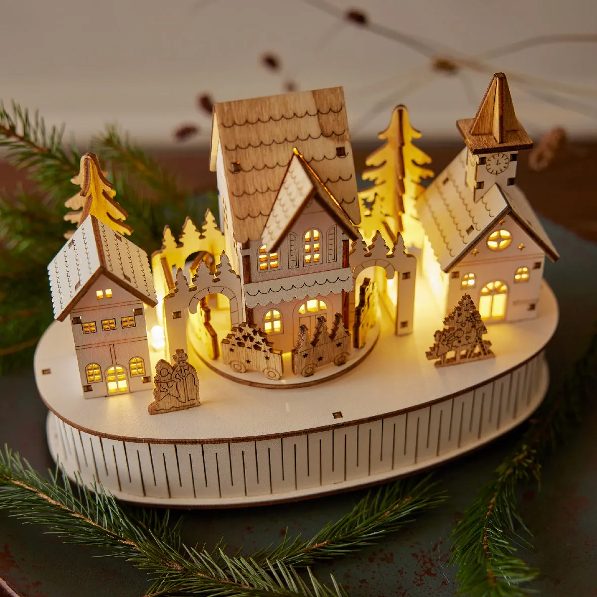 Three Kings 15cm Wooden Village with Train, Trees & Villagers - LED Lights & Music