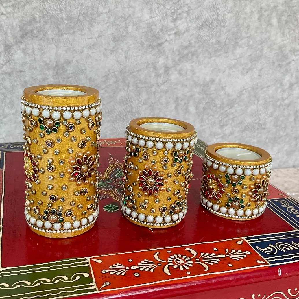Wooden Golden Tea Light Holder (Set of 3) - Decorative Festive Decor