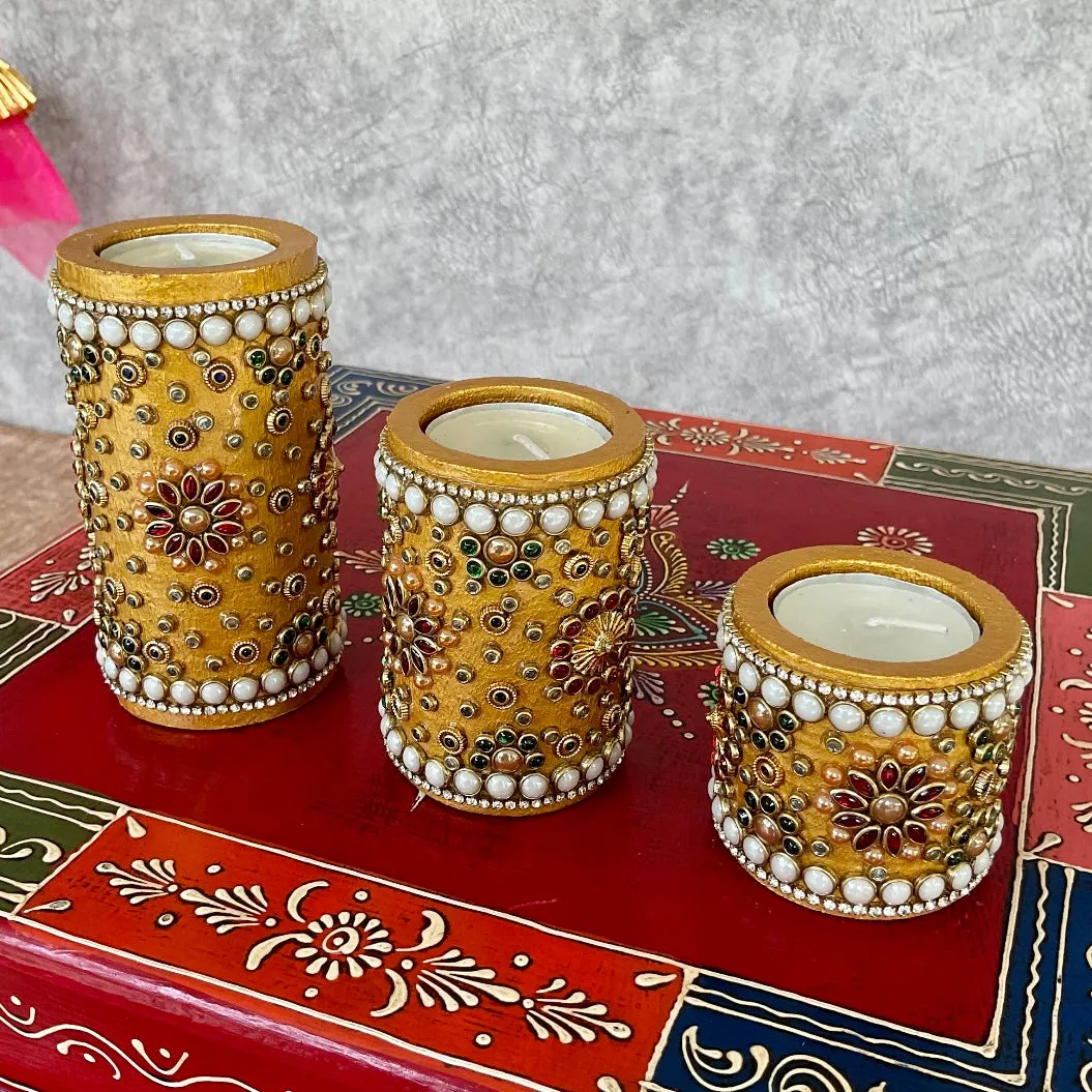 Wooden Golden Tea Light Holder (Set of 3) - Decorative Festive Decor